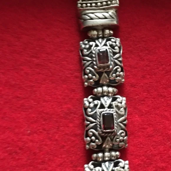AF 925 silver & square cut garnet filigree bracelet - Picture 9 of 11